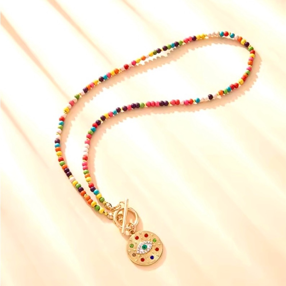 Good Luck Evil Eye Protection Rainbow Beaded Necklace wGold Toggle Clasp Pendant - Picture 3 of 6